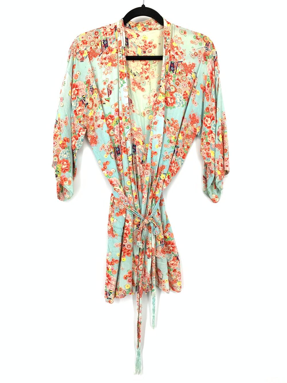 Vintage Womens One Size Aqua Blue Floral Kimono Robe Jacket Tassel Tie Belt
